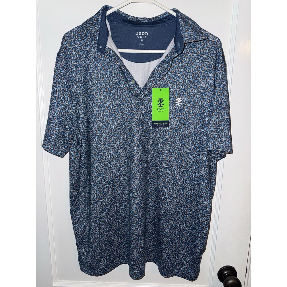 NWT Izod Golf Mens Size M Blue Flower Print Short Sleeve Polo Shirt Golf Shirt